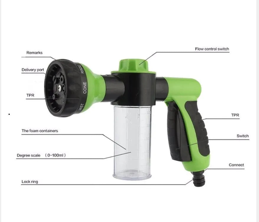 Green high-pressure foam spray gun with adjustable nozzle and attached water hose for car and garden cleaning.