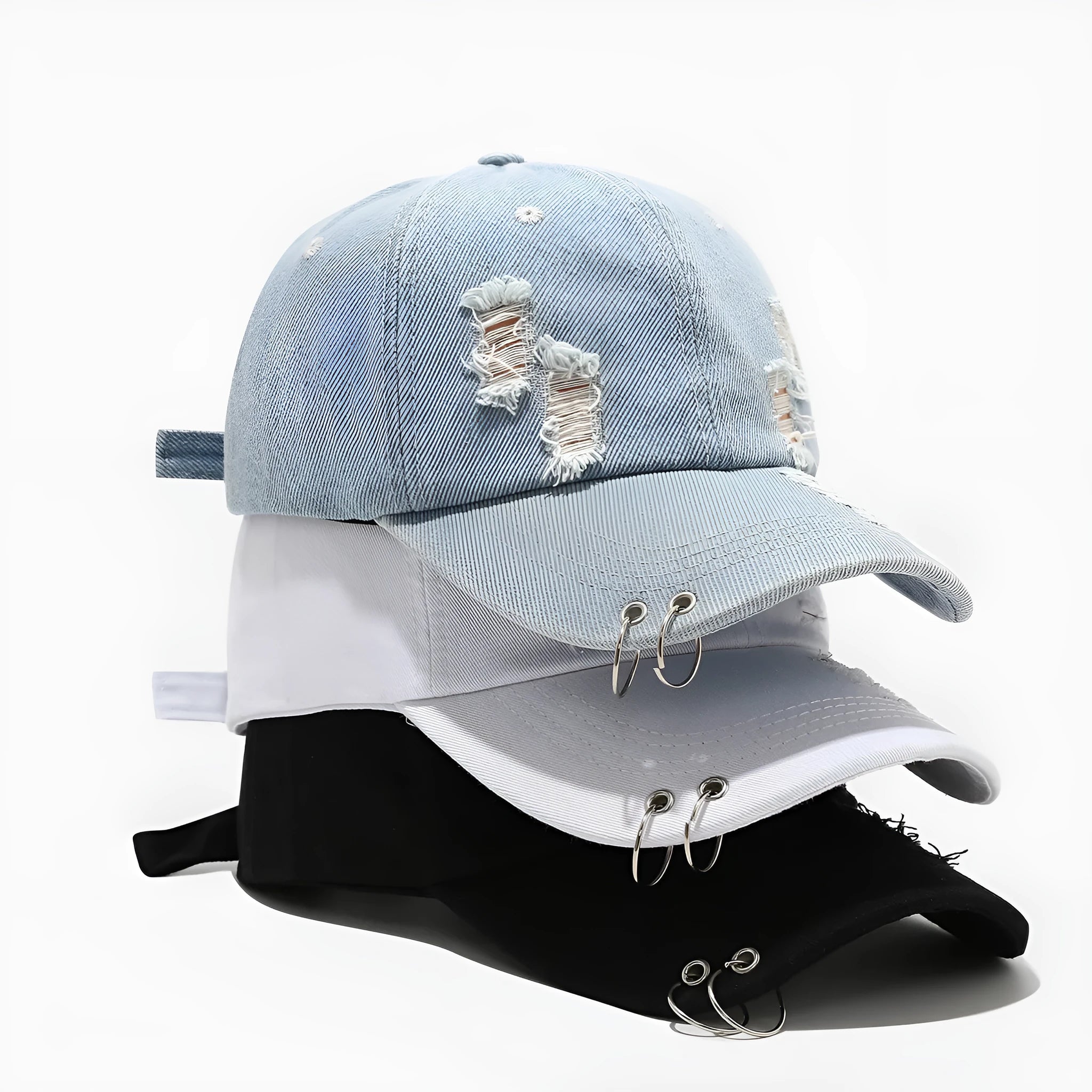 Men's adjustable denim peaked cap with dome crown in black, white, or light blue jeans colours