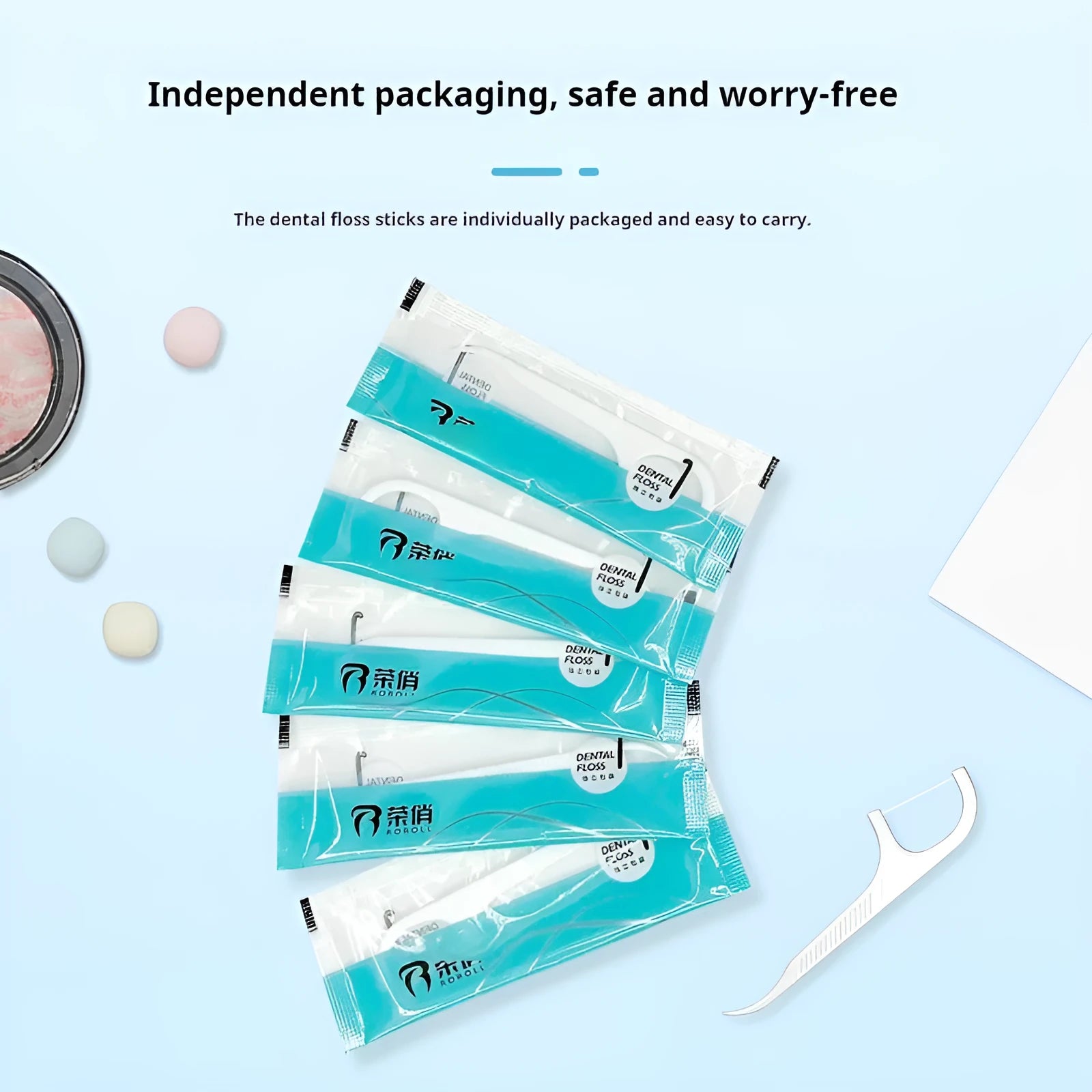 High tensile strength dental floss in portable bag with independent and non-independent packaging options