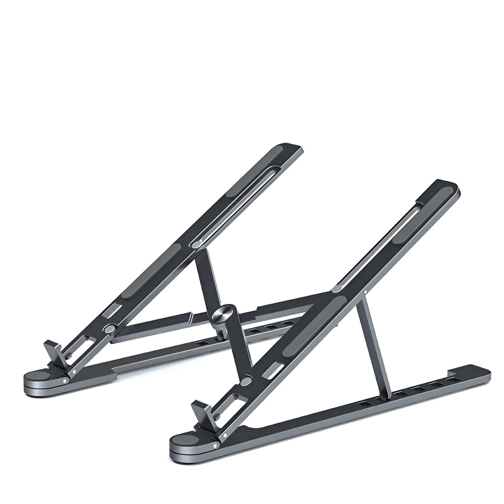 Portable aluminium laptop stand folded showing adjustable height mechanism