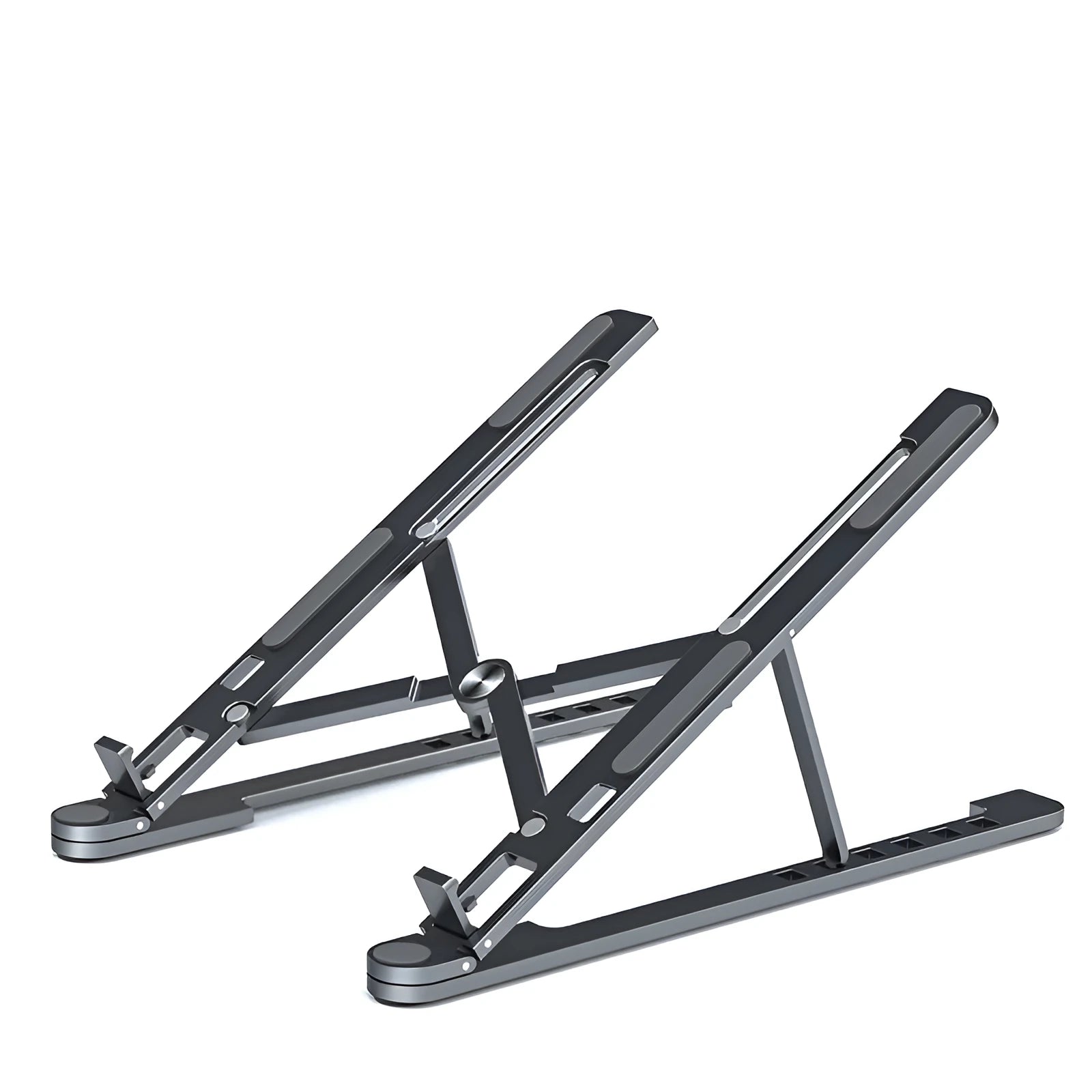 Portable aluminium laptop stand folded showing adjustable height mechanism