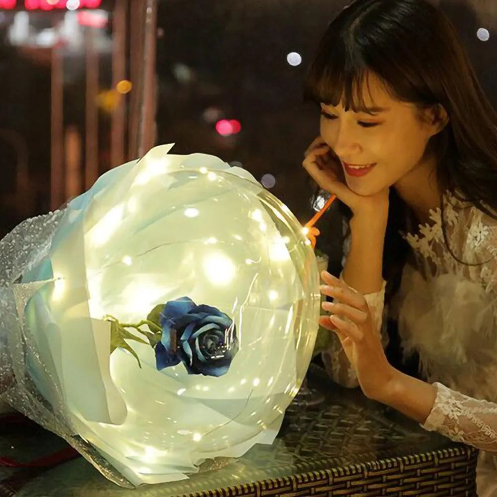 Transparent LED luminous balloon rose bouquet with artificial flowers and glowing lights for DIY party decoration