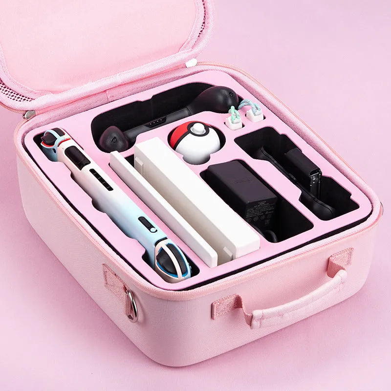 Cat claw design Nintendo Switch storage case in pink, open to show compartments for console and 21 game cartridges.