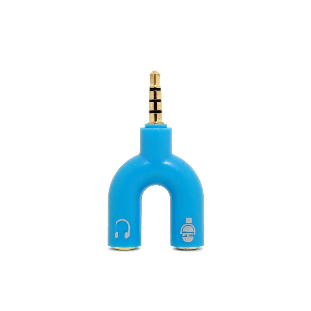 3.5mm audio splitter adapter with gold connectors in six colour options