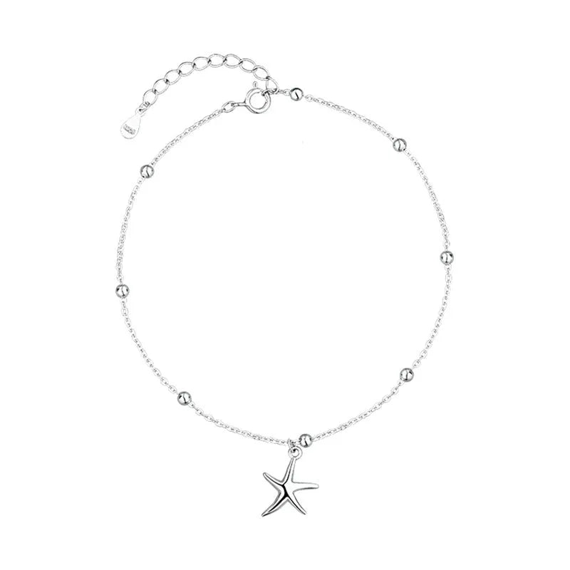 S925 sterling silver women's anklet with starfish charm and round beads on adjustable chain