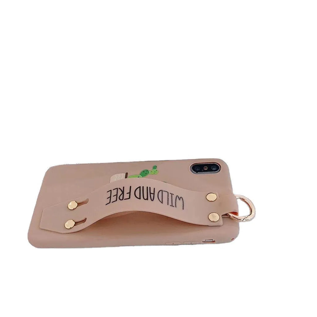 Green wristband holder phone case for iPhone showing integrated finger loop and protective back cover design