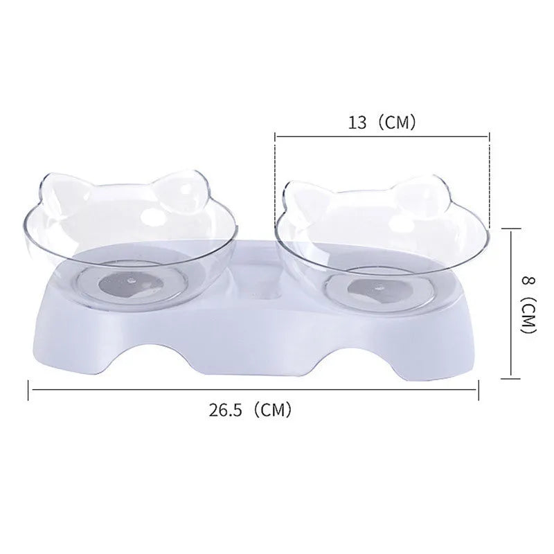 Tilted elevated cat bowl feeder with non-slip support in blue, pink, or white, made from non-toxic material