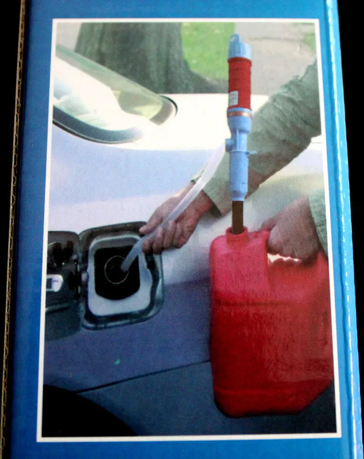 Blue manual hand pump with pipe for transferring fuel, oil or water.