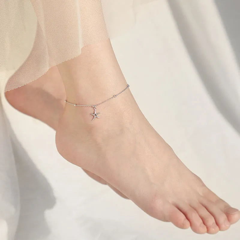 S925 sterling silver women's anklet with starfish charm and round beads on adjustable chain