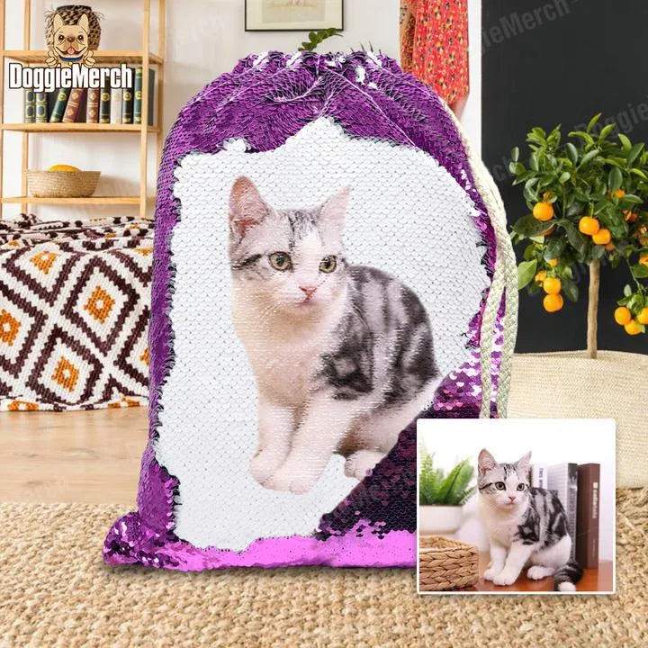 Custom purple sequin drawstring backpack featuring a photo of a dog, showing drawstring closure.