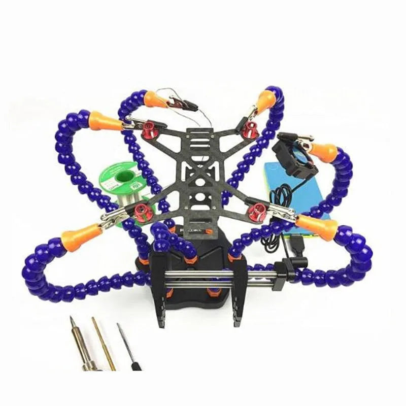 Aluminium alloy six-arm welding station with adjustable clamps in black or purple colour options