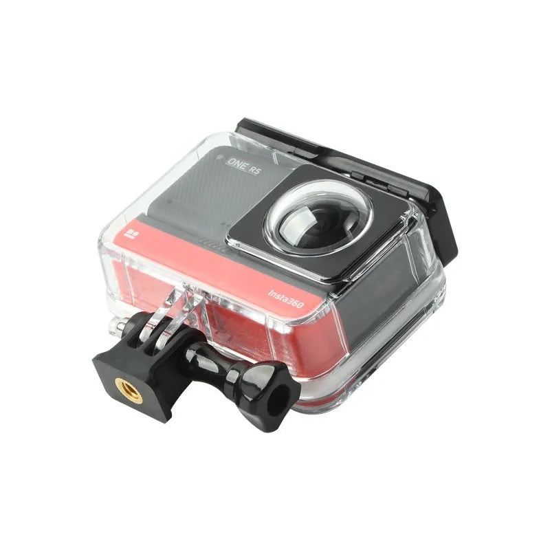 Transparent waterproof case for Insta360 One RS panoramic camera showing dimensions