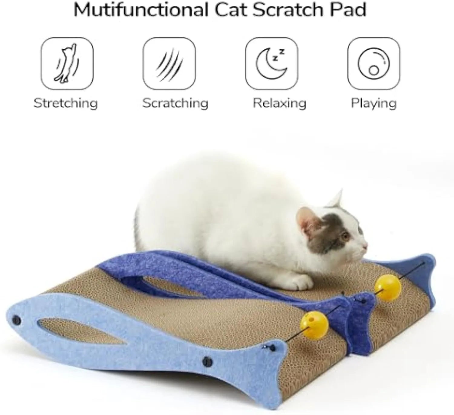 Blue fish shaped cardboard cat scratcher with bell ball toys on elastic cord, measuring 46cm long