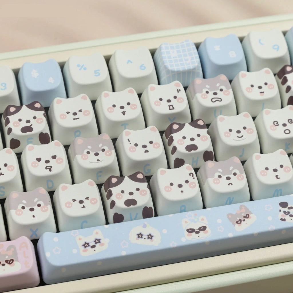 PBT sublimation keycap set with cute puppy designs for mechanical keyboards