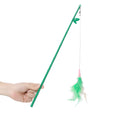 Green interactive cat wand toy with feather and bell refills for feline play