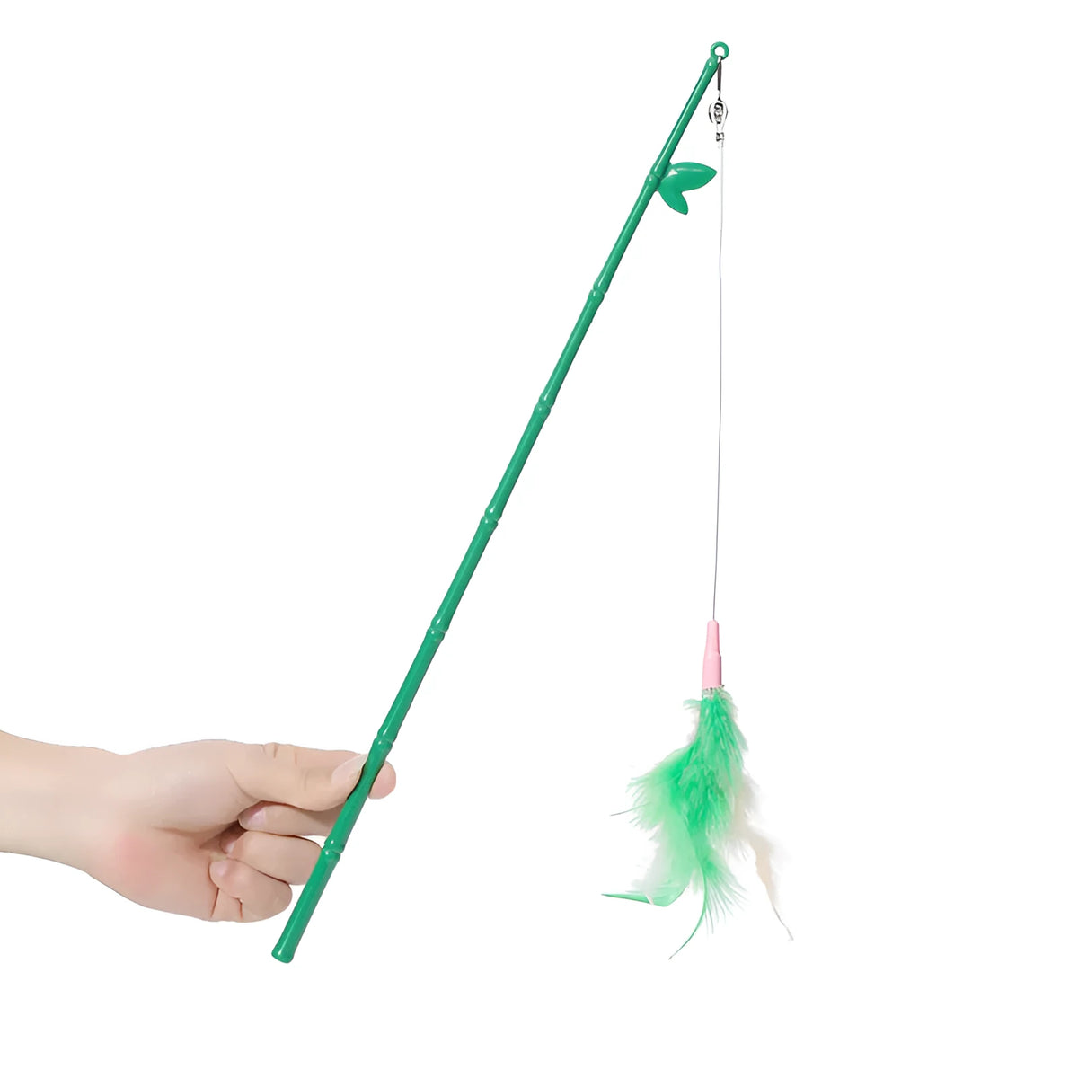 Green interactive cat wand toy with feather and bell refills for feline play