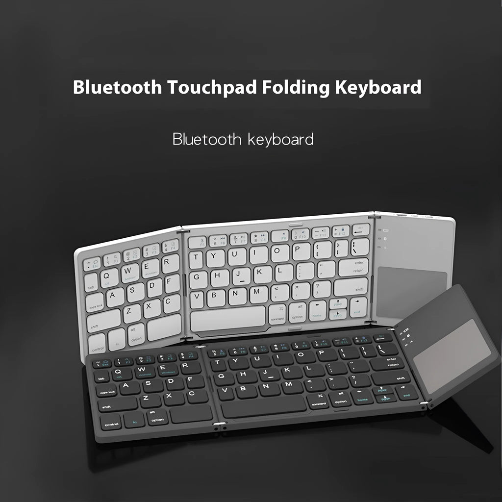 Tri-fold Bluetooth keyboard shown open for typing and folded for travel
