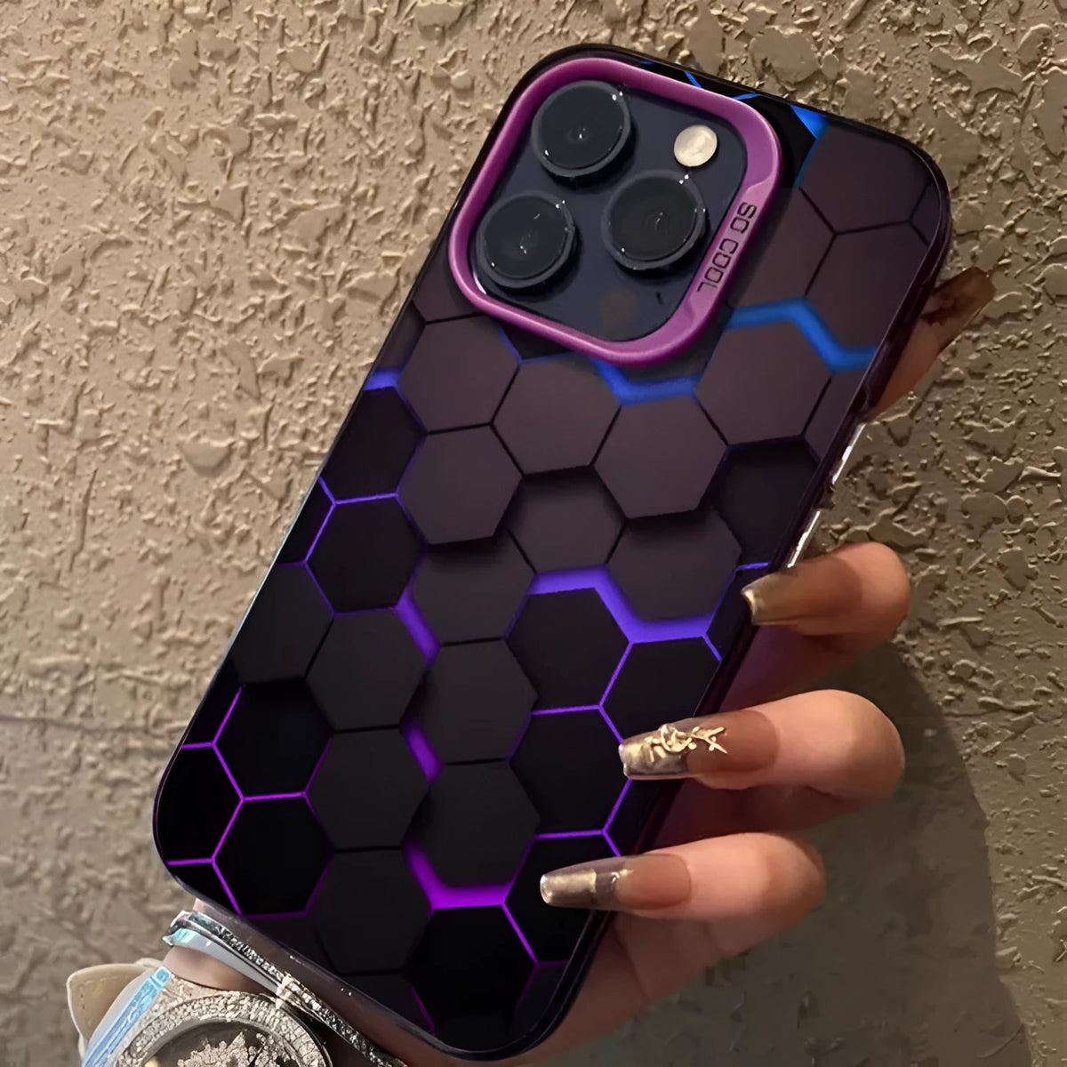 Frosted protective phone case for Apple iPhone with honeycomb pattern, shown in Moonlight Black colour.