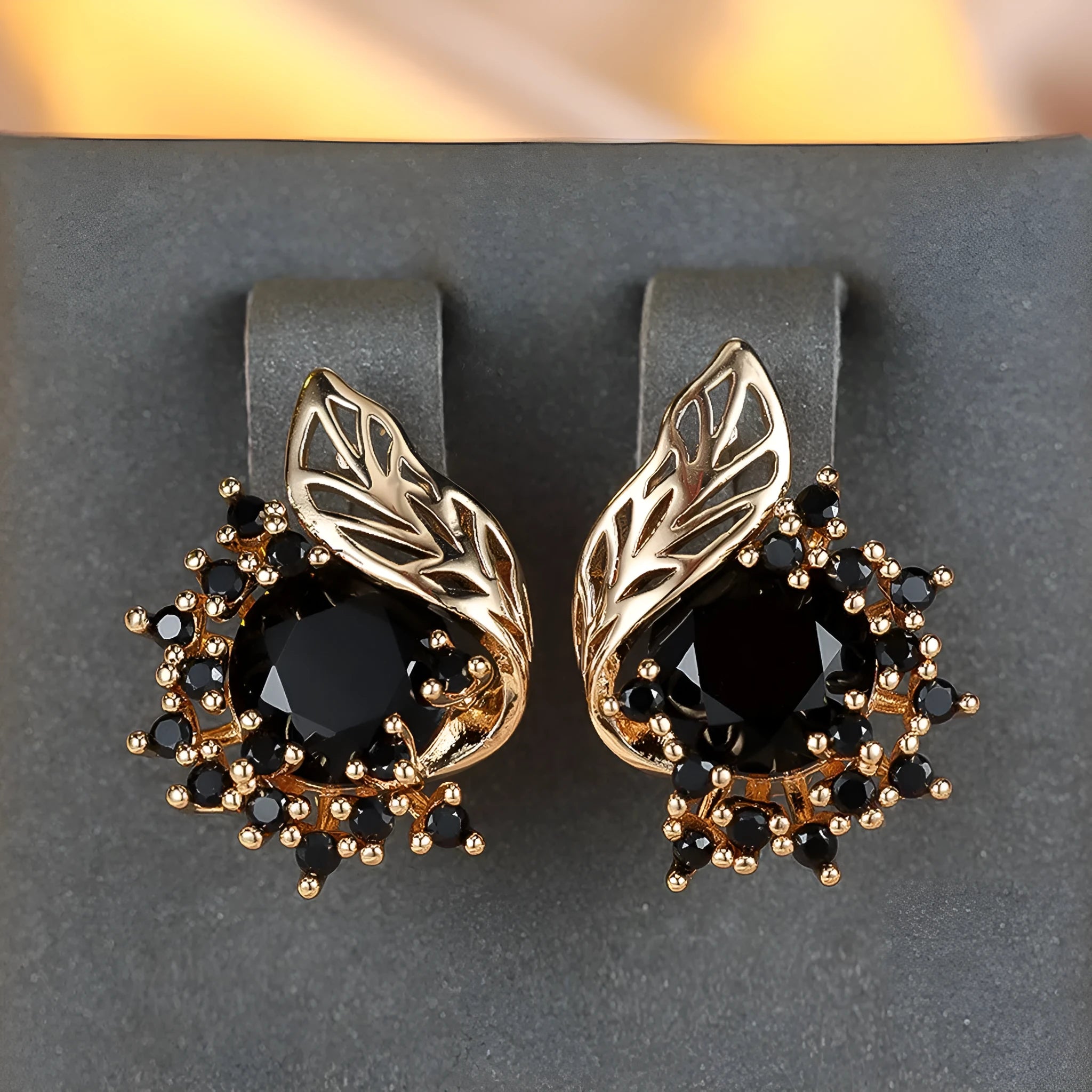 Round flower feather zircon earrings in electroplated champagne gold with coloured diamond options