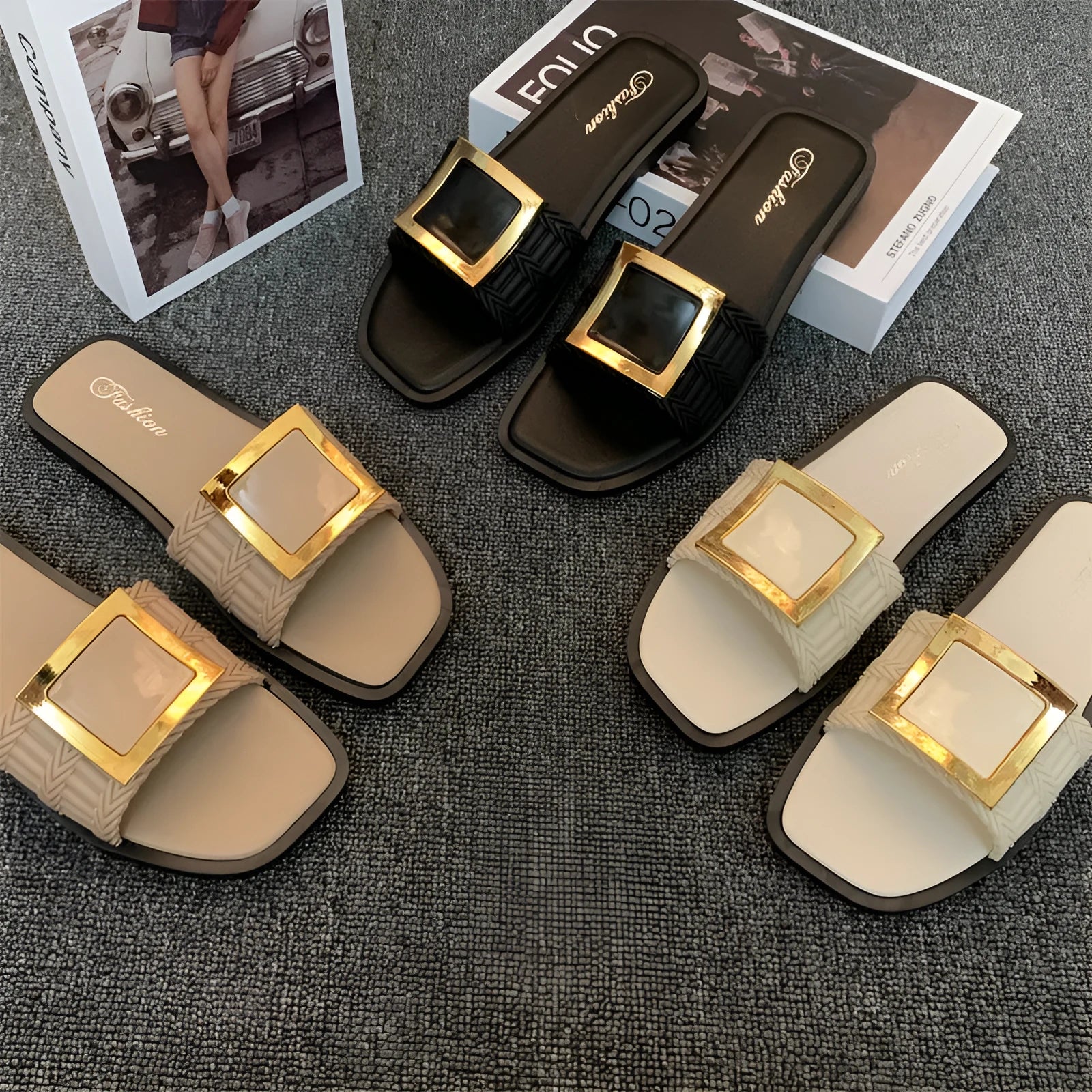 Women's flat summer slippers in apricot colour with waterproof PVC sole and casual design