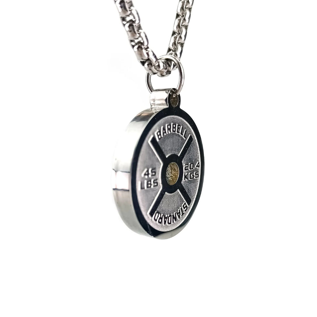 Stainless steel barbell disk necklace with geometric pendant and 60cm chain options