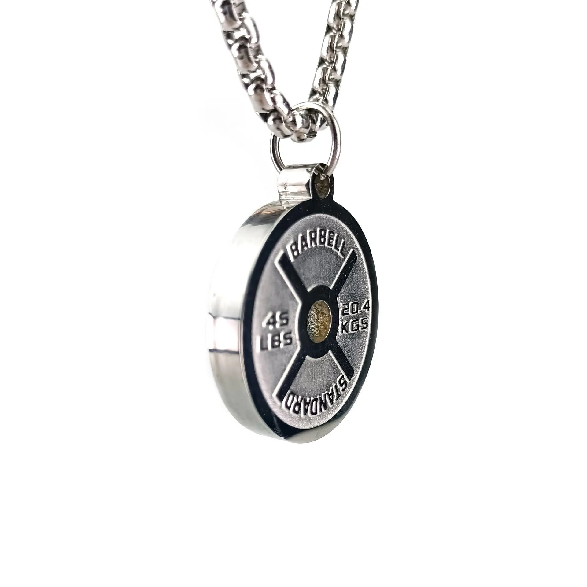Stainless steel barbell disk necklace with geometric pendant and 60cm chain options