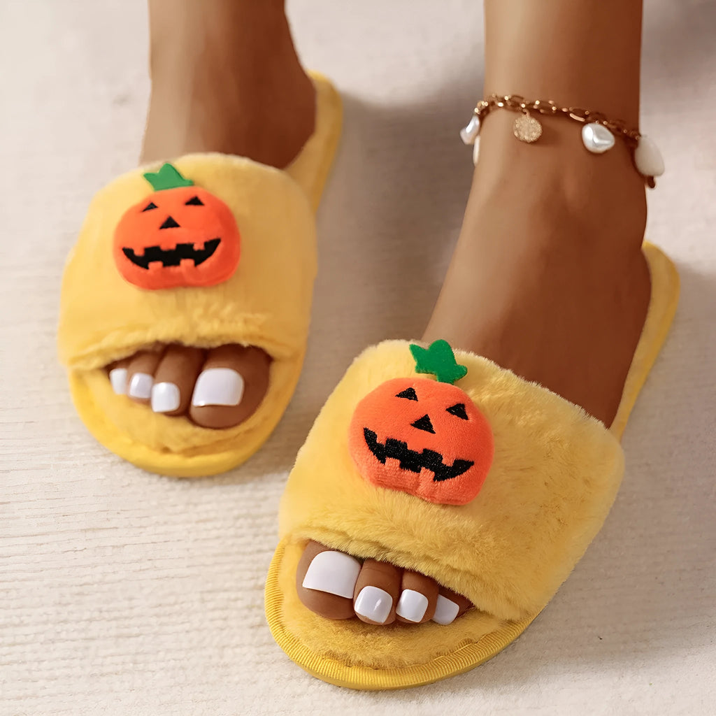 Yellow pumpkin cartoon design women's plush slippers with synthetic fur and open toe
