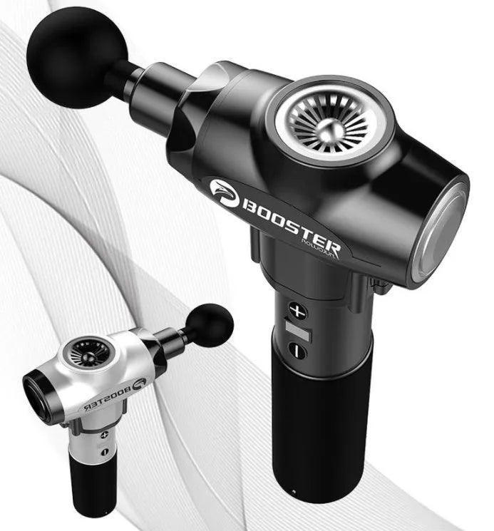 Black and white muscle massage gun with adjustable speed settings and a 12mm stroke.