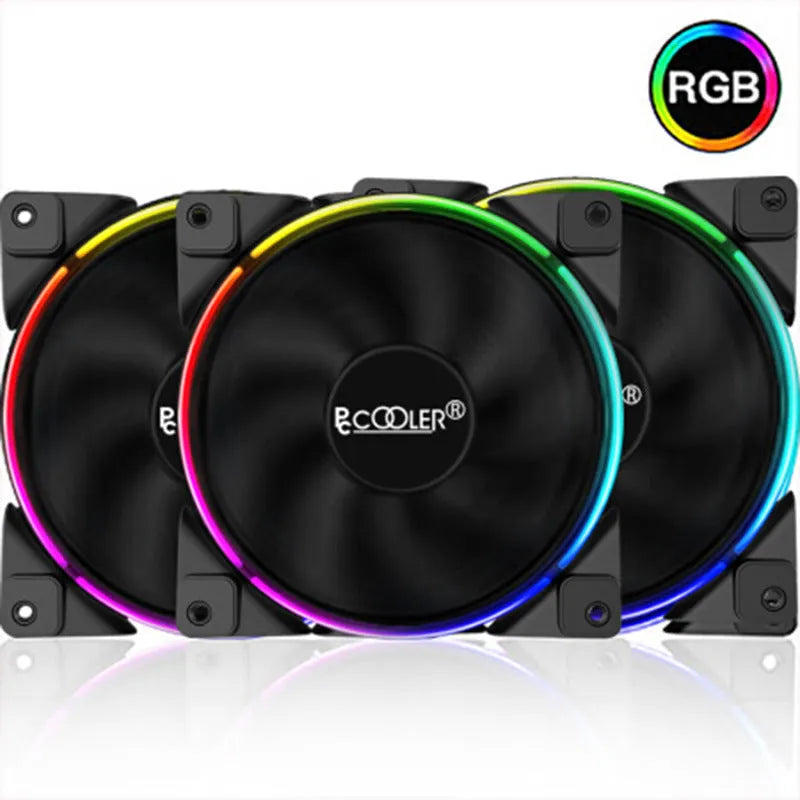 Three black 12cm RGB PC cooling fans with FRGB lighting and hydraulic bearing technology