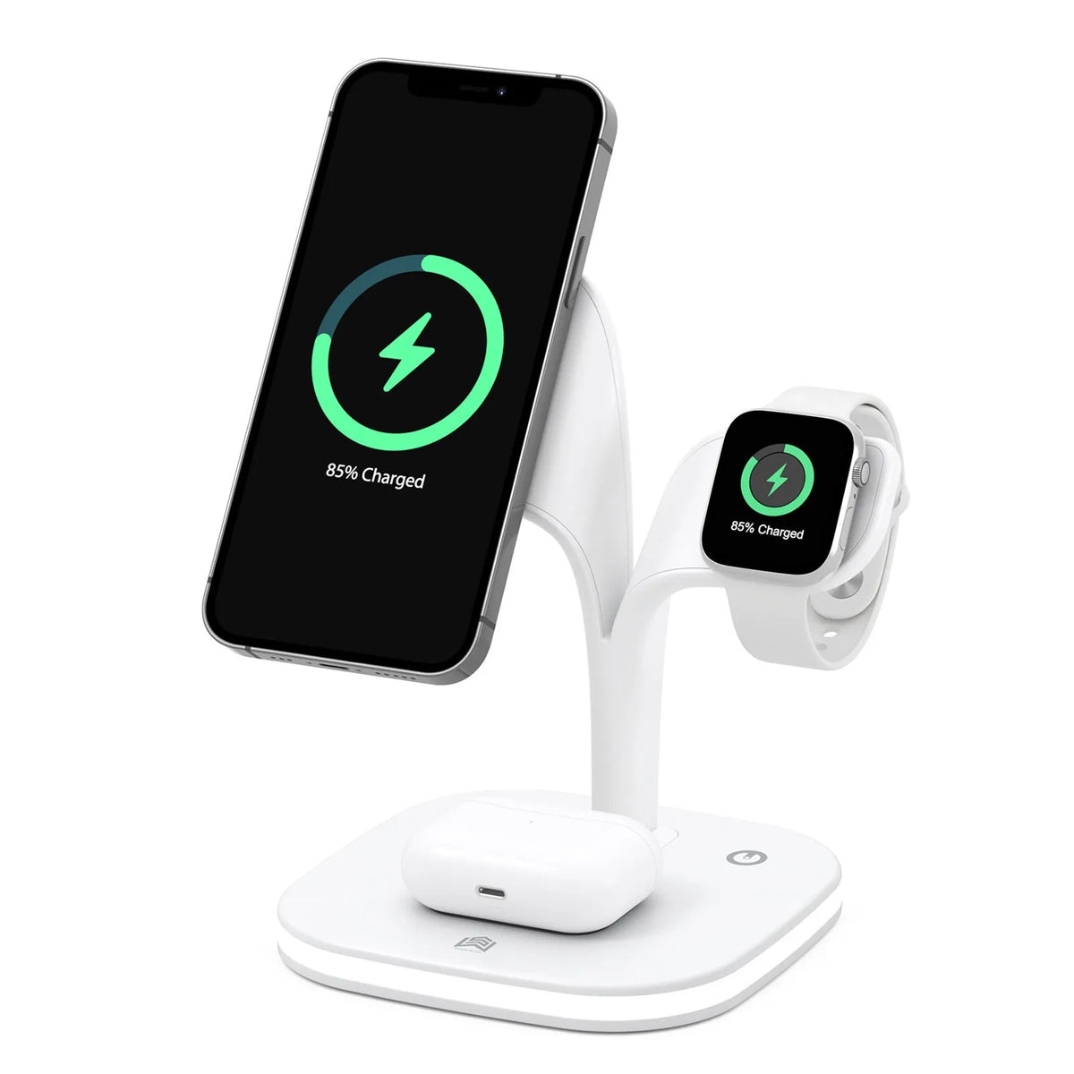 Black 3-in-1 wireless charging stand holding a mobile phone, a smartwatch, and headphones on a desk.