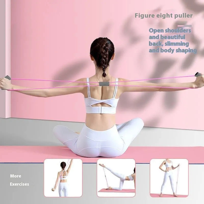Yoga four piece fitness set showing leg beauty device, yoga ring, pedal tension device, and eight-figure tension rope.