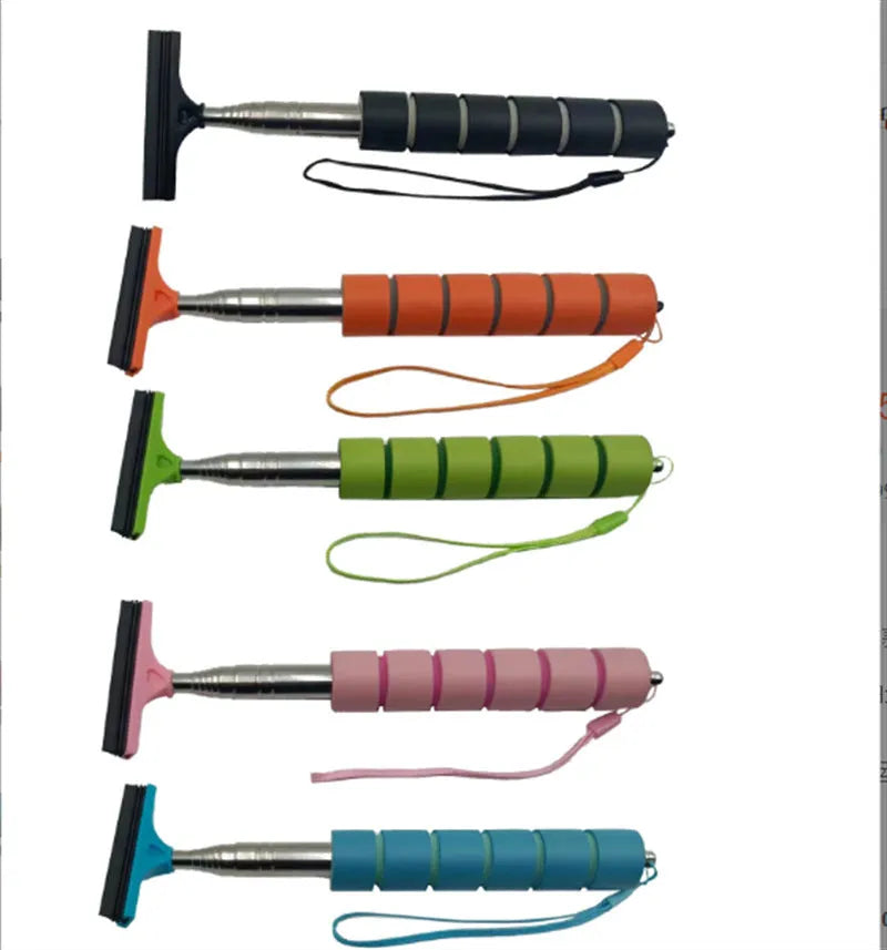 Retractable car rearview mirror wiper with stainless steel arm extended, showing black, blue, green, orange, and pink colour options