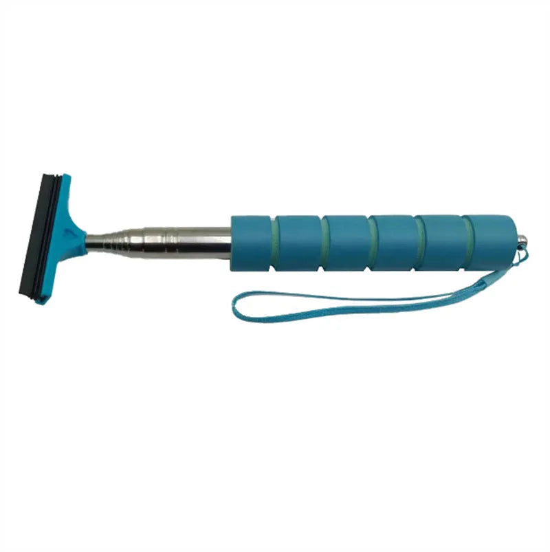 Retractable car rearview mirror wiper with stainless steel arm extended, showing black, blue, green, orange, and pink colour options
