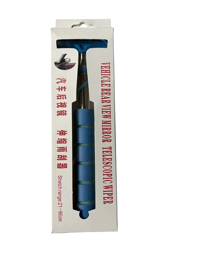 Retractable car rearview mirror wiper with stainless steel arm extended, showing black, blue, green, orange, and pink colour options