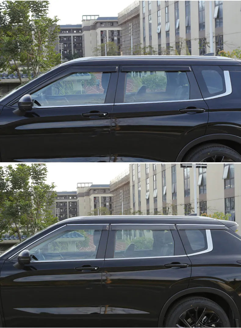 Mitsubishi Outlander window deflectors in black engineering plastic installed on vehicle windows
