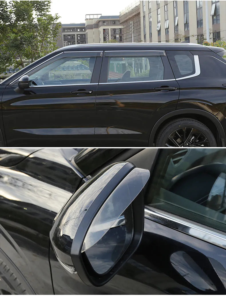 Mitsubishi Outlander window deflectors in black engineering plastic installed on vehicle windows