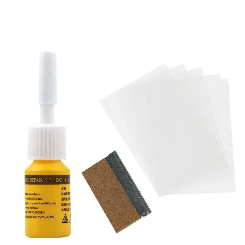 Yellow three-piece car windscreen repair agent tool set for stone chip and crack repair