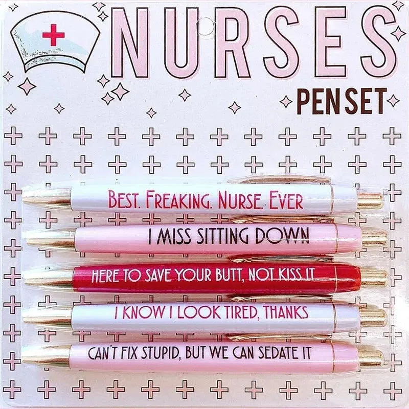 Set of five plastic nurse humour retractable ballpoint pens showing size.