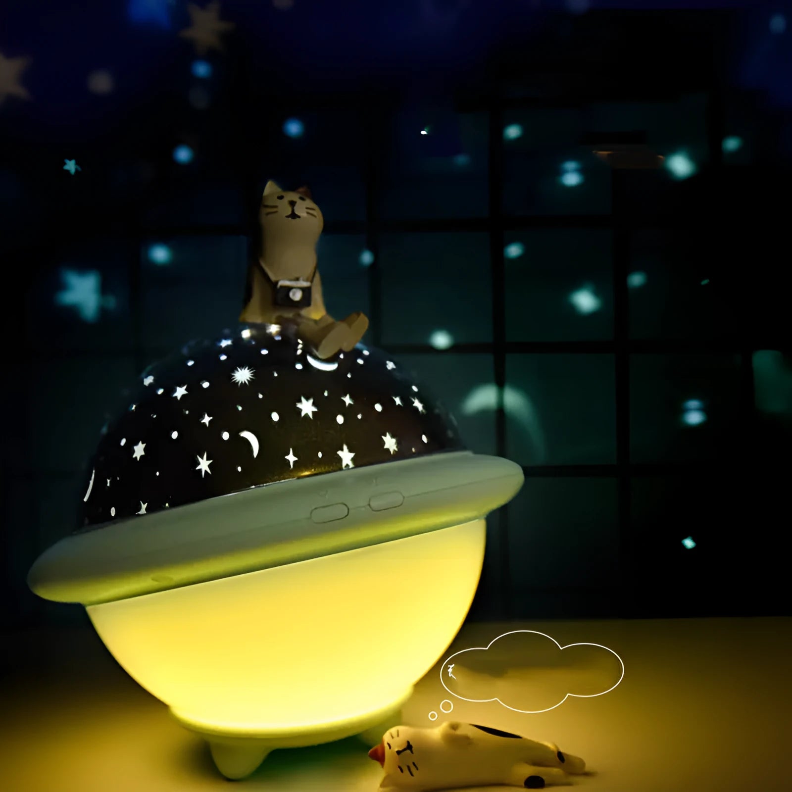 UFO-shaped starry sky projection night light in pink white or green plastic with constellation patterns
