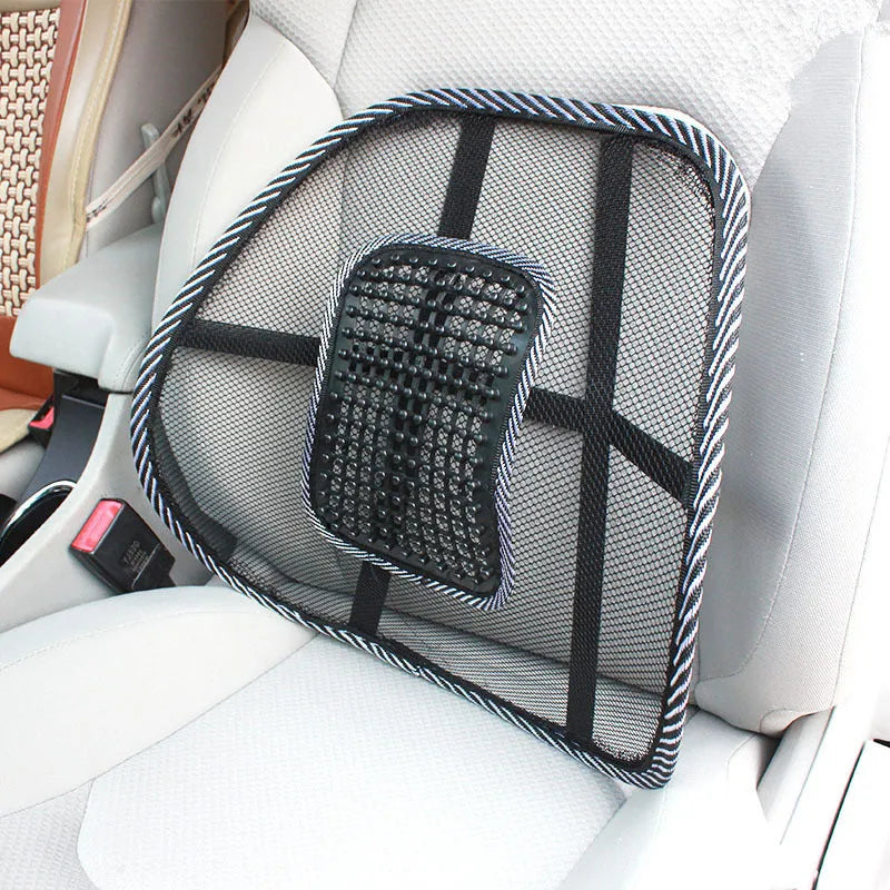 Black lumbar support pillow with leather nail pattern detailing measuring 41x39cm