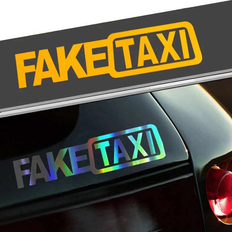 FAKE TAXI text on a 20cm by 8cm yellow, black, and white waterproof PET car sticker.