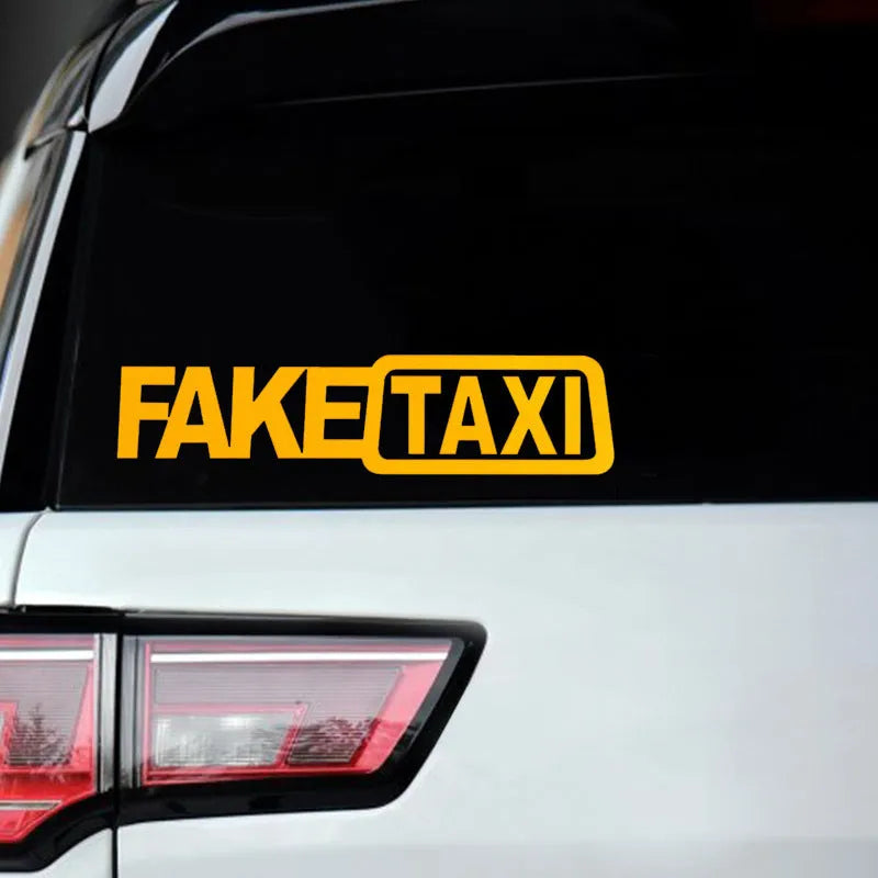 FAKE TAXI text on a 20cm by 8cm yellow, black, and white waterproof PET car sticker.