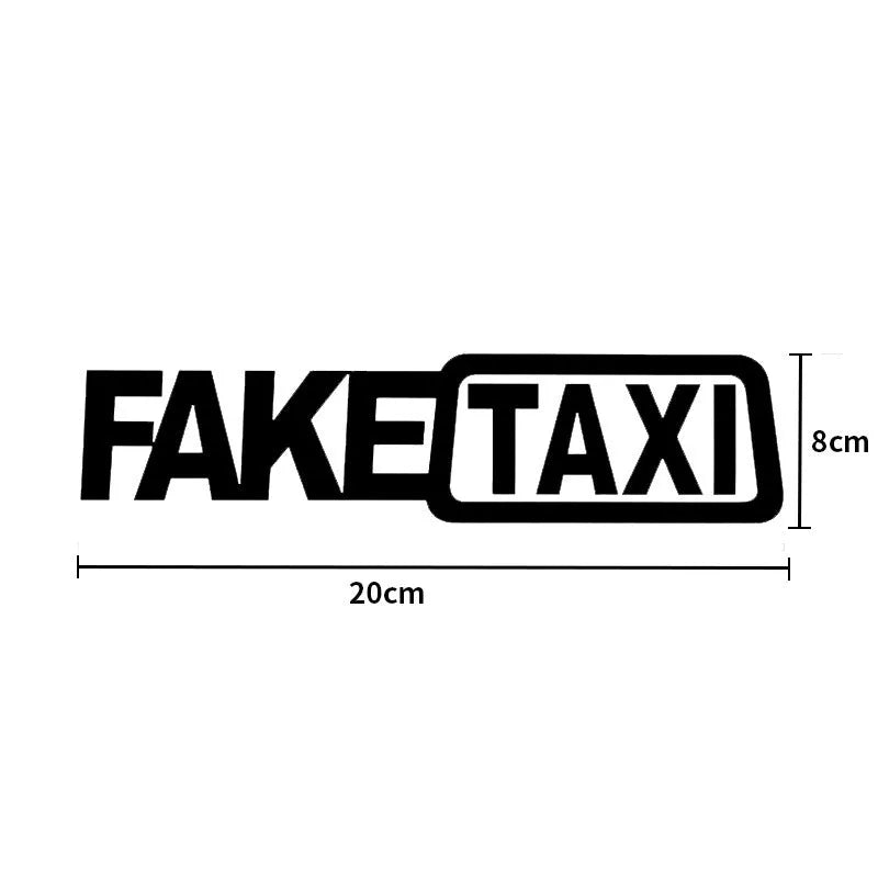 FAKE TAXI text on a 20cm by 8cm yellow, black, and white waterproof PET car sticker.