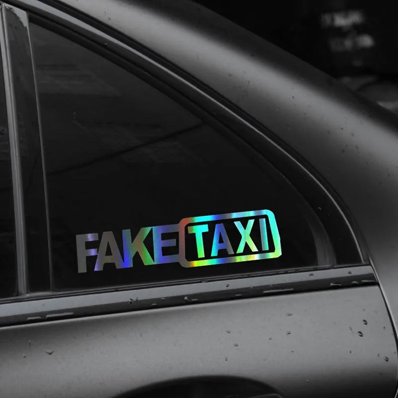 FAKE TAXI text on a 20cm by 8cm yellow, black, and white waterproof PET car sticker.