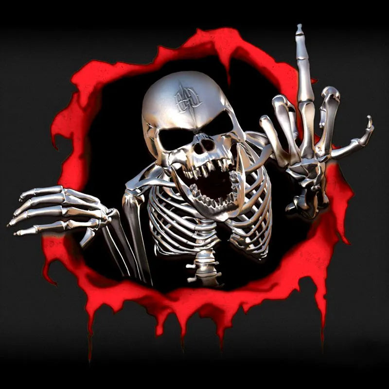 Reflective metal skull car sticker with colourful broken shell pattern measuring 15x14cm