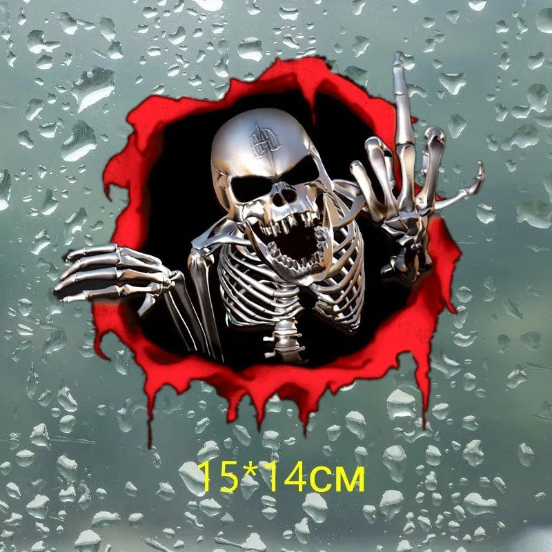 Reflective metal skull car sticker with colourful broken shell pattern measuring 15x14cm
