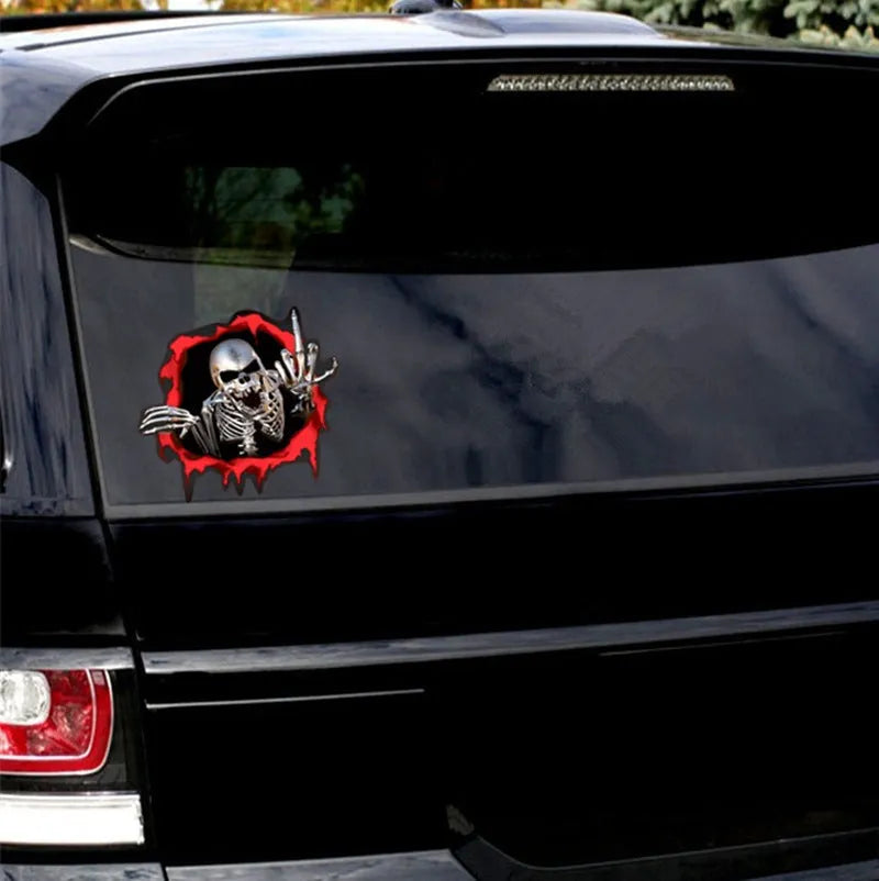 Reflective metal skull car sticker with colourful broken shell pattern measuring 15x14cm