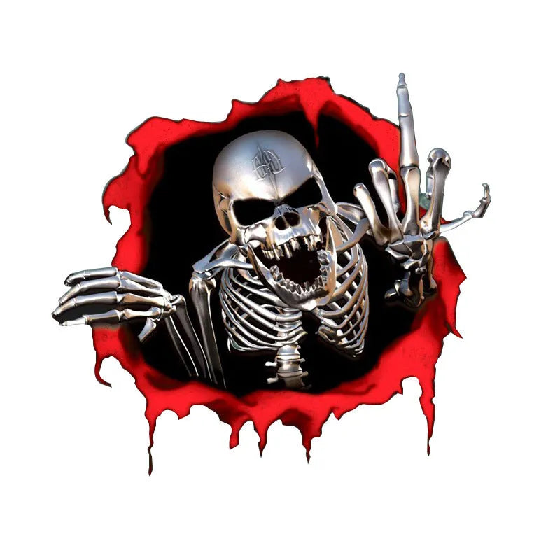 Reflective metal skull car sticker with colourful broken shell pattern measuring 15x14cm