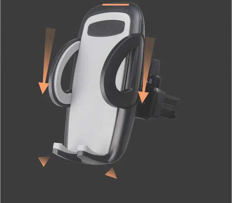 Black plastic mobile phone holder attached to car air conditioning outlet for hands-free navigation