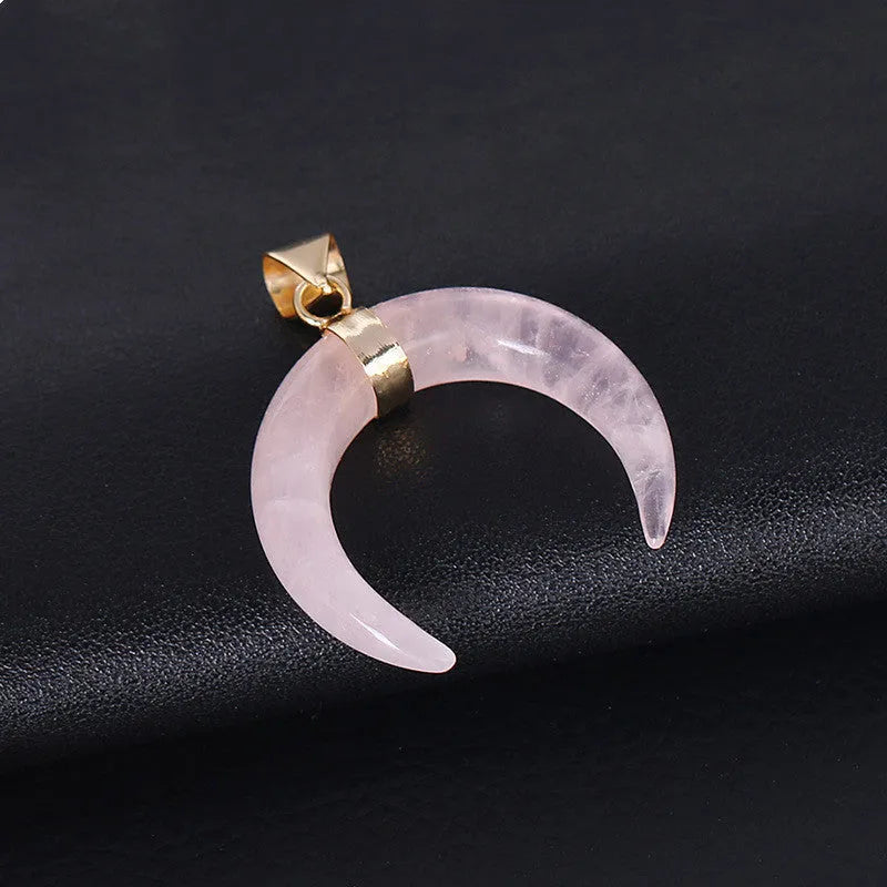 Natural stone moon pendant necklace with electroplated copper chain, adjustable 21-50cm length, pink or purple crystal option